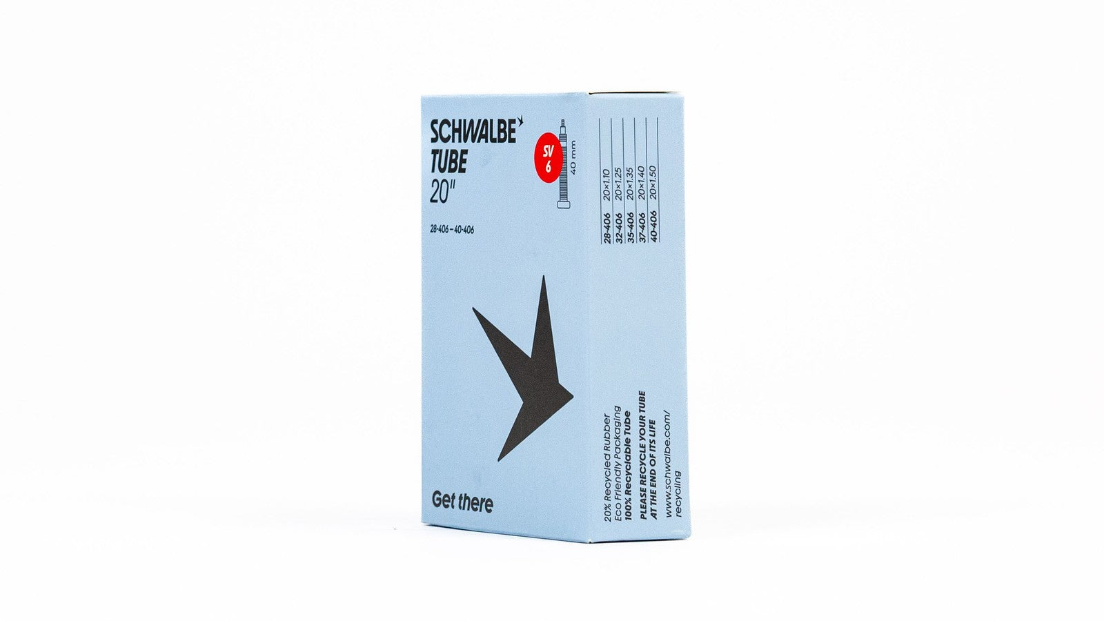 Chambre a air Schwalbe 20 pouces avec valve Presta et Schrader 40 mm eco-responsable pour velo