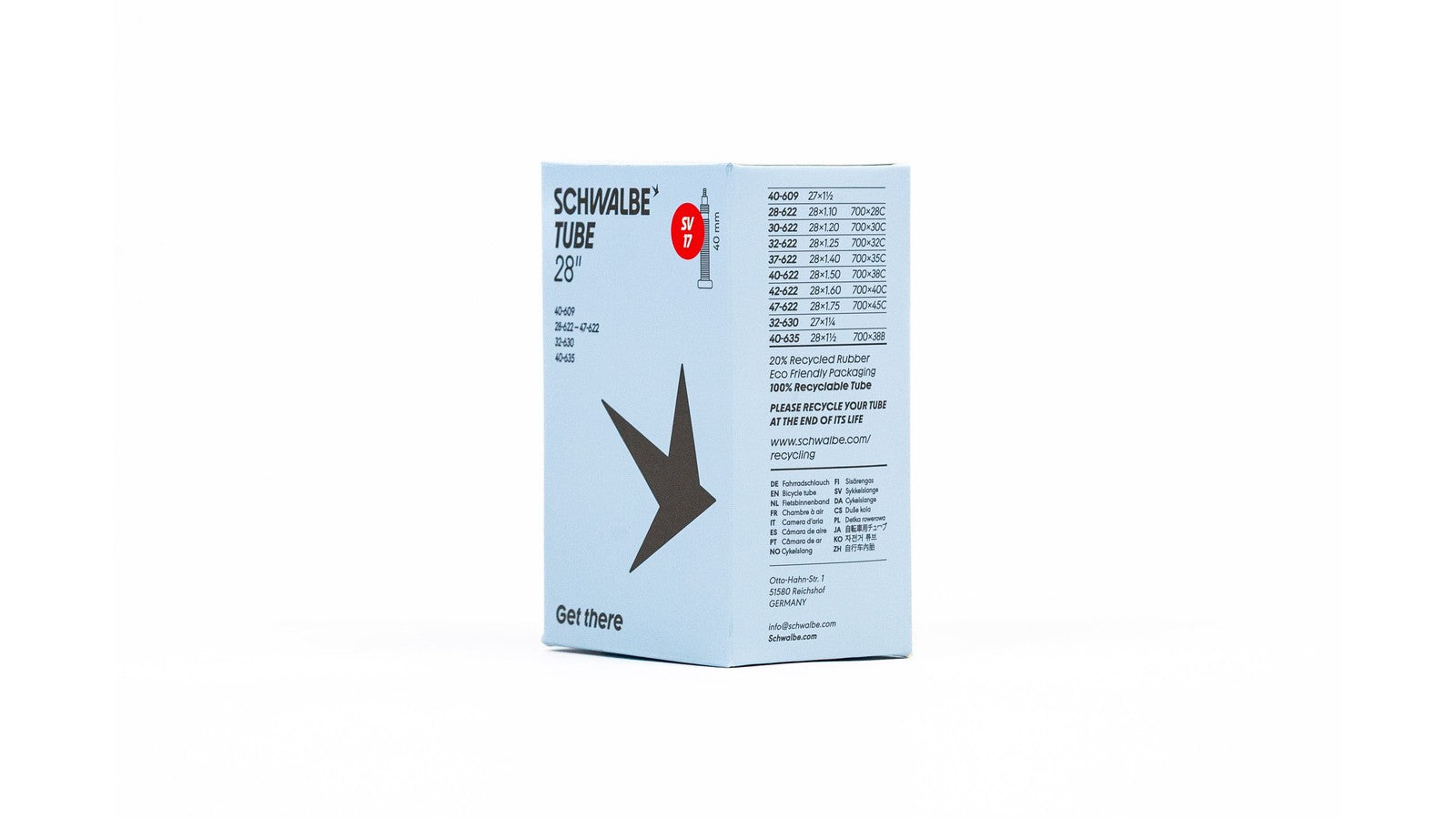 Emballage chambre a air Schwalbe 700 29 pouces avec valve SV 17 de 40 mm eco-responsable
