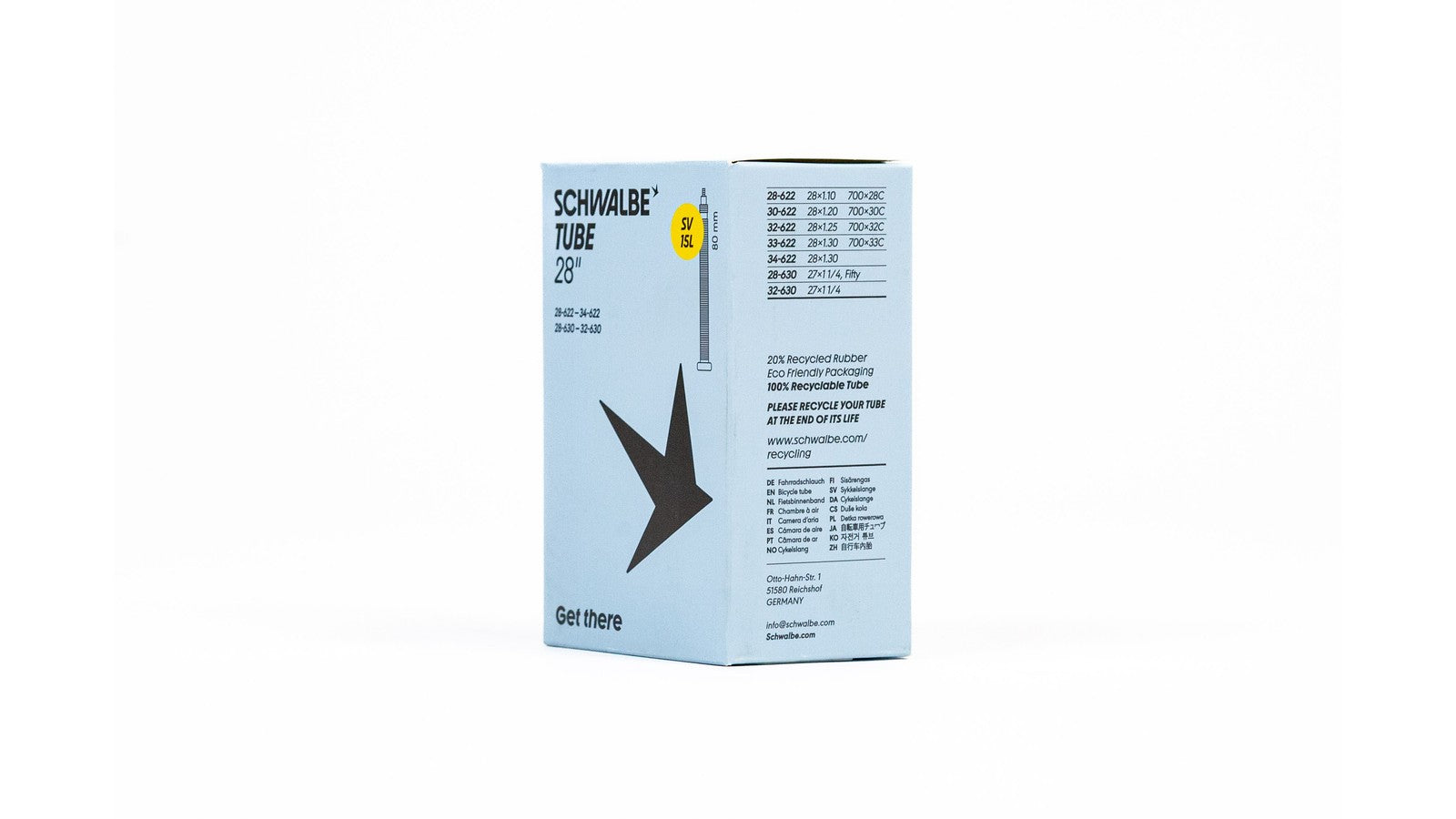 Emballage chambre a air Schwalbe 700 29 pouces avec valve SV 80 mm eco-responsable et recyclable
